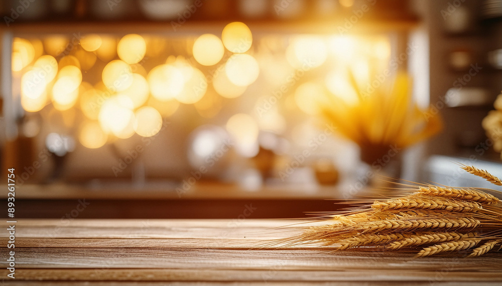 Wall mural Wooden Tabletop With Wheat Stalks On A Blurred Kitchen Background 