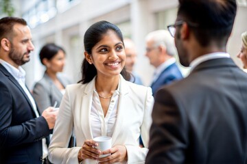 "Indian Female Professional Networking at Business Event" – A woman interacting and connecting with other professionals.
