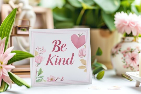 Inspirational "Be Kind" card with floral background, surrounded by pink flowers and plants. Ideal for motivational content, greeting cards, wellness themes, positivity campaigns, decor ideas.
