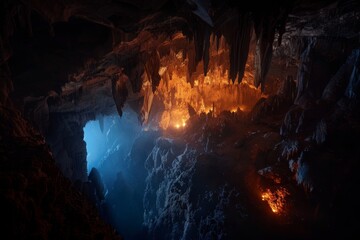 A limestone cave with rock formations and subtle lighting reveals the cave's natural beauty and depth. 