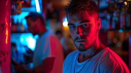 Obraz premium Young Man With Red and Blue Lighting at a Bar