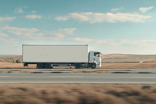 Side view of a moving truck on the road. White copy space on the truck