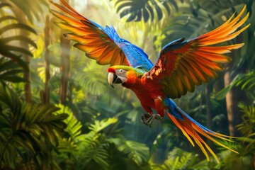 Fototapeta premium Scarlet Macaw in Flight Amidst Lush Greenery