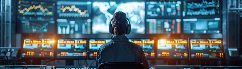 Technician monitoring multiple screens in a control room with high-tech equipment, data analysis, and cybersecurity operations.