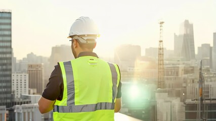 Construction worker overlooking cityscape at sunset in safety gear, standing confidently with arms crossed, set against an urban background with modern buildings. The scene is bright and professional - Powered by Adobe