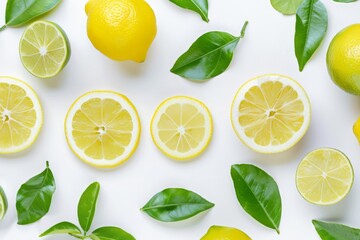slice lemon and lime with green leaves creative pattern isolated on white background, Top view and flat lay 