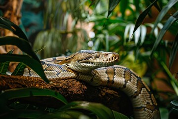 Burmese Python Resting on a Branch in a Lush Green Forest