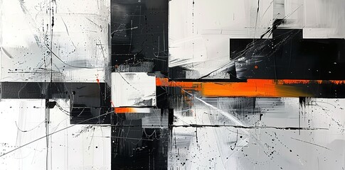A modern abstract artwork, showcasing intricate geometric patterns and forms in a monochromatic palette of black and white, accented by delicate textures.