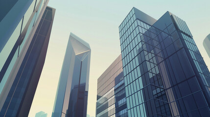 Fototapeta premium A futuristic skyscraper with a sleek, reflective glass facade rising against a clear blue sky, showcasing modern urban architecture and advanced design