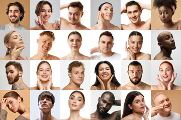 Collage made of portraits of diverse people displaying their beauty with natural expressions and skincare routines. Concept of beauty, facial care, cosmetology, antiaging procedures. Ad