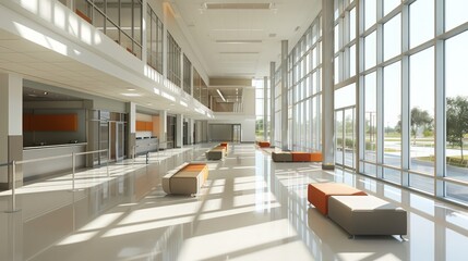 High school lobby with modern seating, sleek lines, and a bright, airy atmosphere