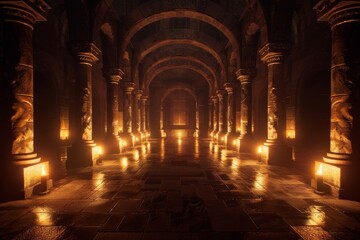 Obraz premium Journey gear in ancient chambers, illuminated by subtle lighting, reveals the rich history and exploration of these historic spaces.
