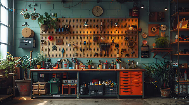 A slatwall frame 60cm x 60cm filled with hardware and garage items against its surrounding In the background, there&rsquo;s an light green colored wall behind it. 