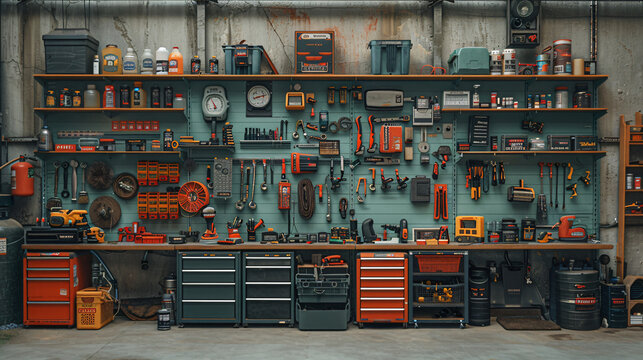 A slatwall frame 60cm x 60cm filled with hardware and garage items against its surrounding In the background, there&rsquo;s an light green colored wall behind it. 