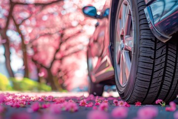 summer car tires on the street outside in the blooming spring sakura 