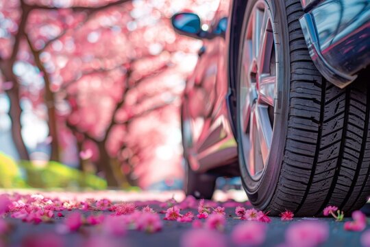 summer car tires on the street outside in the blooming spring sakura 