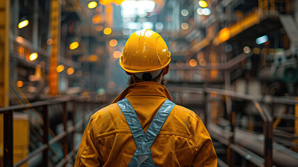 Fototapeta premium Refinery workers in overalls in the background of an oil refinery