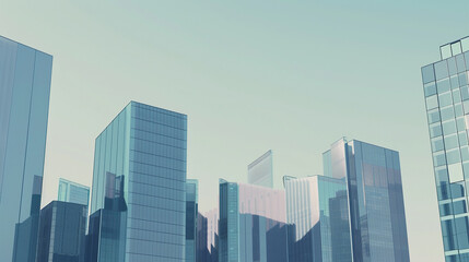 Obraz premium A futuristic skyscraper with a sleek, reflective glass facade rising against a clear blue sky, showcasing modern urban architecture and advanced design