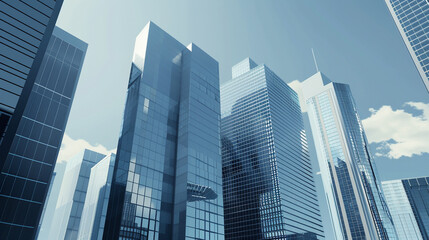 Obraz premium A futuristic skyscraper with a sleek, reflective glass facade rising against a clear blue sky, showcasing modern urban architecture and advanced design