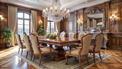 Elegantly rustic wooden dining table with ornate carvings harmoniously pairs with sleek modern chairs and lavish crystal chandelier ambiance.