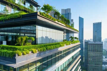 Modern Skyscraper with Rooftop Garden in a Cityscape