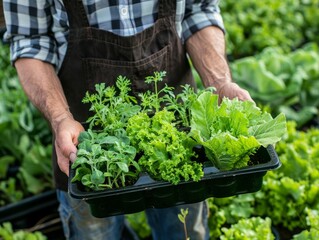 Organic Farmer Tending to Vibrant Vegetable Seedlings in Lush Garden