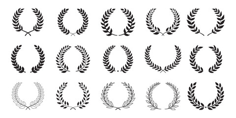 Laurel wreath. Set outline silhouette hand drawn laurel wreaths isolated Doodle floral frames.