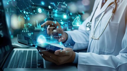 Doctor utilizing digital healthcare technology and medical icons, symbolizing modern medical practices and health informatics advancements..
