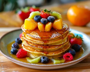 Delicious stack of pancakes topped with fresh fruit and syrup, perfect for a breakfast or brunch...