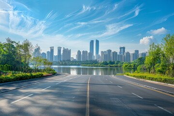 View of road highway with lake garden and modern city skyline in background. 