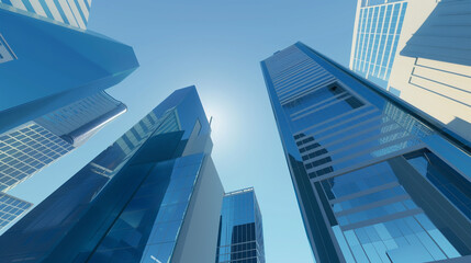 Fototapeta premium A futuristic skyscraper with a sleek, reflective glass facade rising against a clear blue sky, showcasing modern urban architecture and advanced design