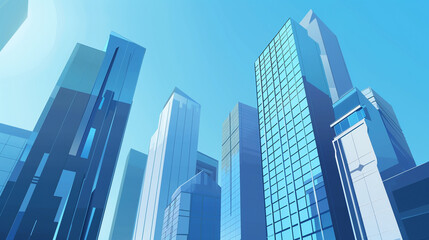 Obraz premium A futuristic skyscraper with a sleek, reflective glass facade rising against a clear blue sky, showcasing modern urban architecture and advanced design