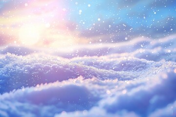 Naklejka premium Winter snow background with snowdrifts, with beautiful light and snow flakes on the blue sky in the evening, banner format, copy space.