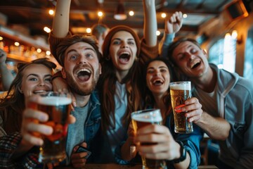 Young people with beer in hands cheer football game together at bar.