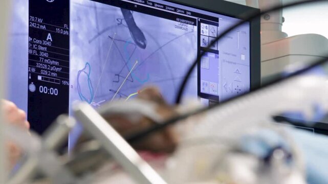 surgeon looking at a picture of a sonogram, tavi, transcatheter aortic valve implantation, surgery of the aortic valve. Coronary angioplasty and stent insertion. Stent Placement for the Heart