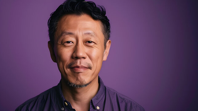 Portrait of Asian man in his middle years posing against a purple backdrop