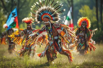 A vibrant image of Indigenous dancers performing traditional dances at a Pow Wow in Canada