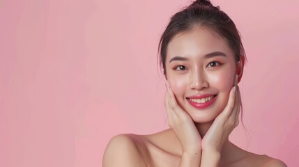 Korean beauty for skin care. Happy woman with the concept of plastic surgery and facial skin care