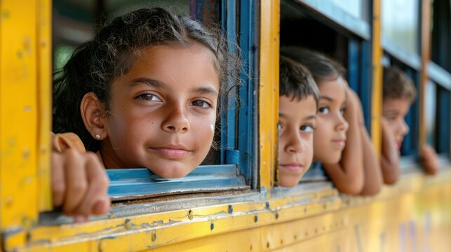 A classmate in a yellow school bus looked out together.