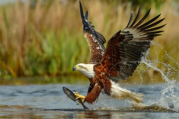 African Fish Eagle (Haliaeetus vocifer) immediately after catching fish in the Okavango Delta.