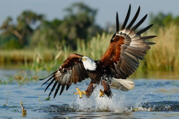 African Fish Eagle (Haliaeetus vocifer) immediately after catching fish in the Okavango Delta.