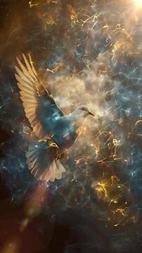 Video vertical recreation of a white dove, as Holy Spirit, flying with the wings extended between smoke fire