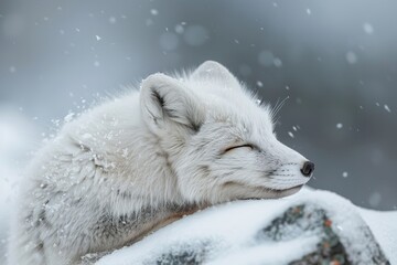 Obraz premium Arctic fox (Alopex lagopus) closing eyes against storm, winter