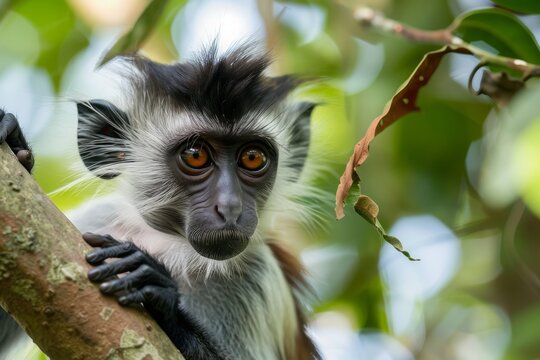 An endangered Zanzibar red colobus monkey, Procolobus kirkii, on Zanzibar, Tanzania.