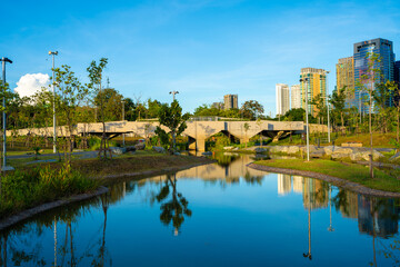 Green scene nature forest park with river public city park blue sky with cloud