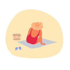 Woman in swimsuit and hat sitting on the beach, Summer vector illustration.