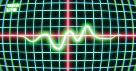 Digital waveform on futuristic grid with neon lines and copy space for text in technology and science-themed visual representation