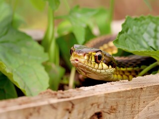Fototapeta premium Curious Eastern Garter Snake Gazing from Wooden Garden Bed
