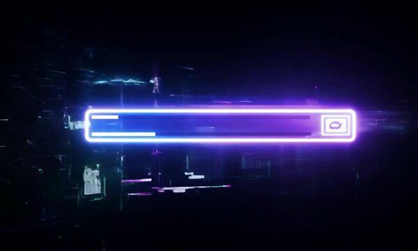 Cyberpunk loading bar animation with glitch effect. Futuristic uploading progress bar with glitch effect isolated on black background. Computer cyberpunk loading. 4K video