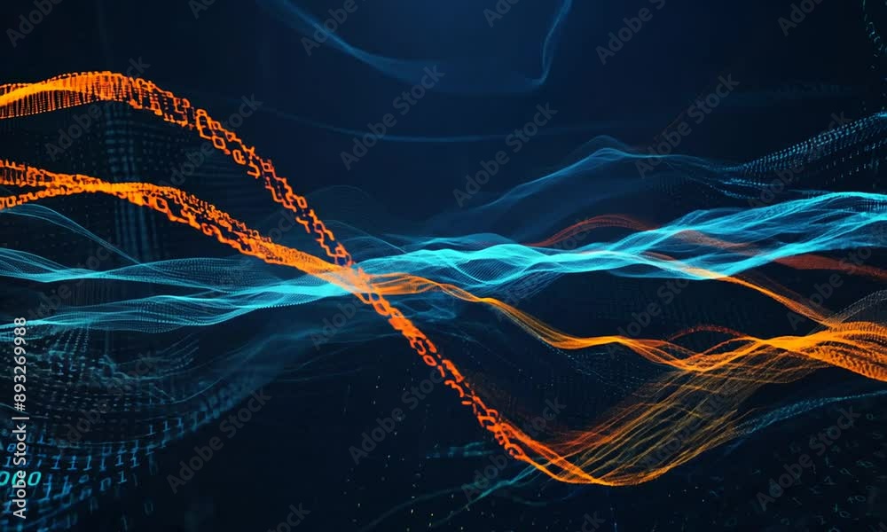 Wall mural Big Data concept. abstract dark blue orange fast moving binary computer data. High speed motion, artificial intelligence. hyper-realistic 4K video.